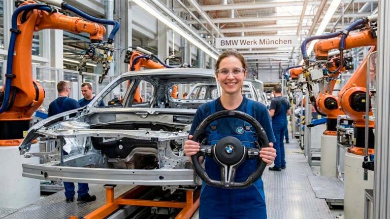 Зайферт Злата сотрудник завода BMW держит в руках Руль BMW M Performance