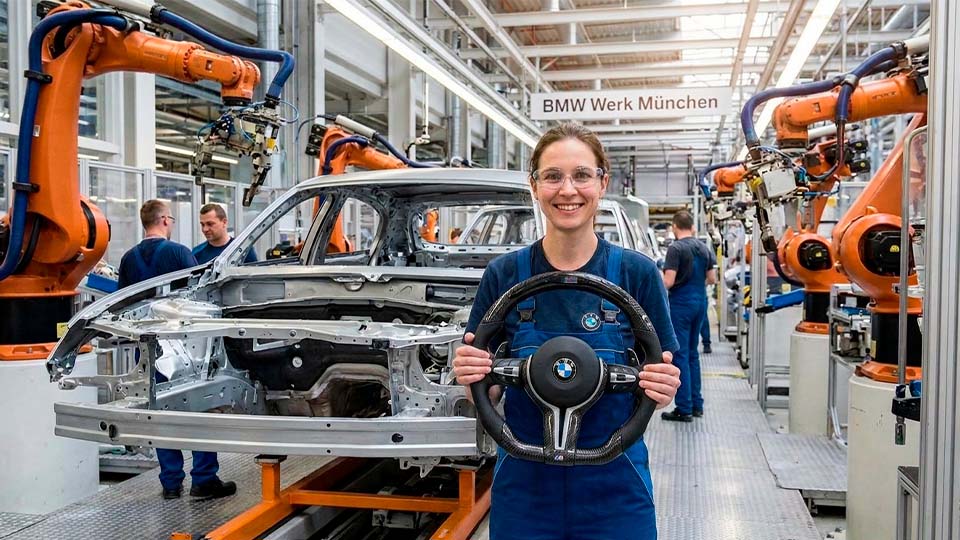 Зайферт Злата сотрудник завода BMW держит в руках Руль BMW M Performance