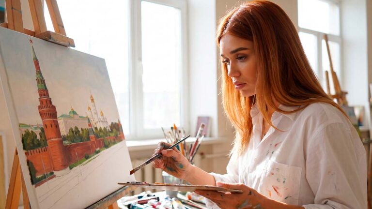 Зайферт Злата рисует Кремль на мольберте