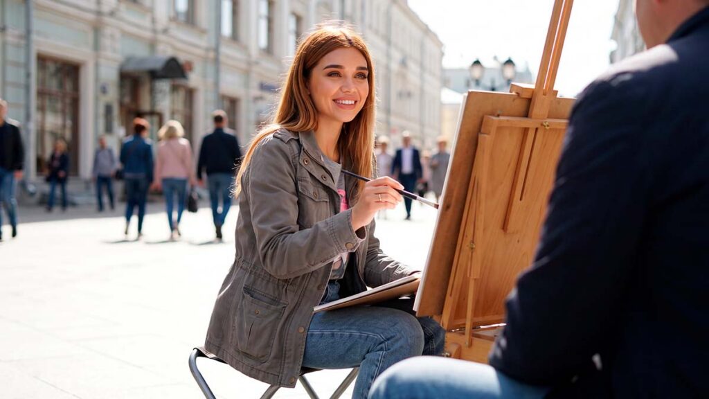 Зайферт Злата рисует шарж на улице