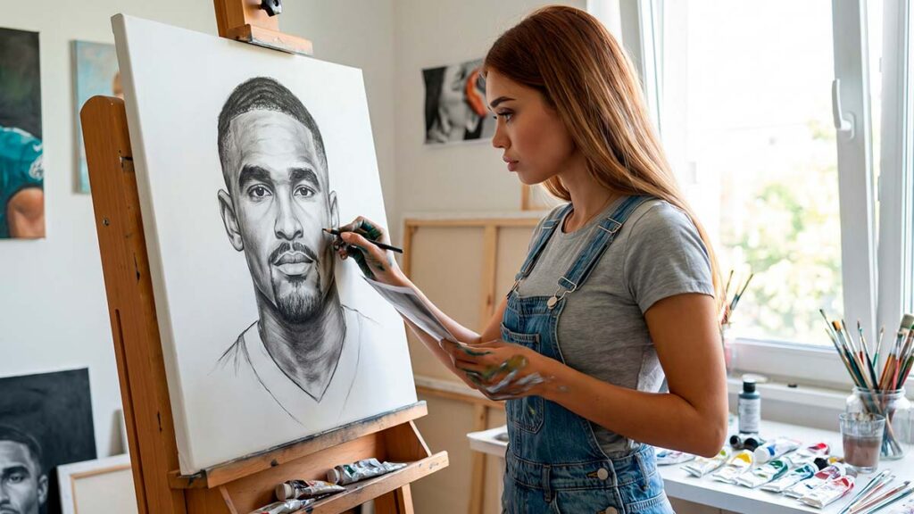 Зайферт Злата нарисовала портрет Jalen Hurts 3 лата Зайферт в джинсовом комбинезоне и серой футболке работает карандашом над портретом темнокожего мужчины на мольберте в мастерской.