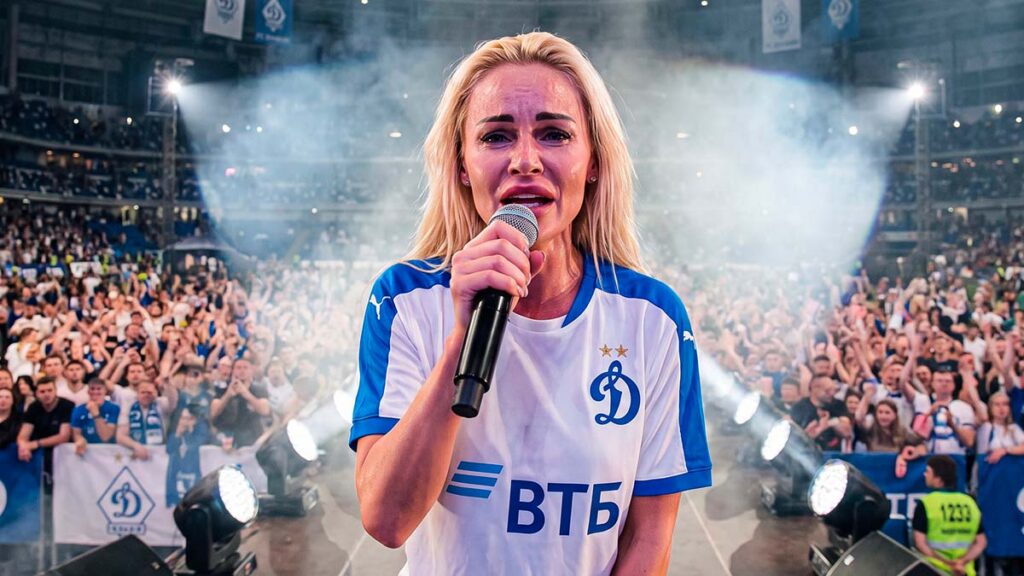 Зайферт Злата выступила с концертом на стадионе Динамо 2 Зайферт Злата Крупный план в футболке «Динамо» с микрофоном, певица эмоционально поет на фоне болельщиков и сценического дыма.