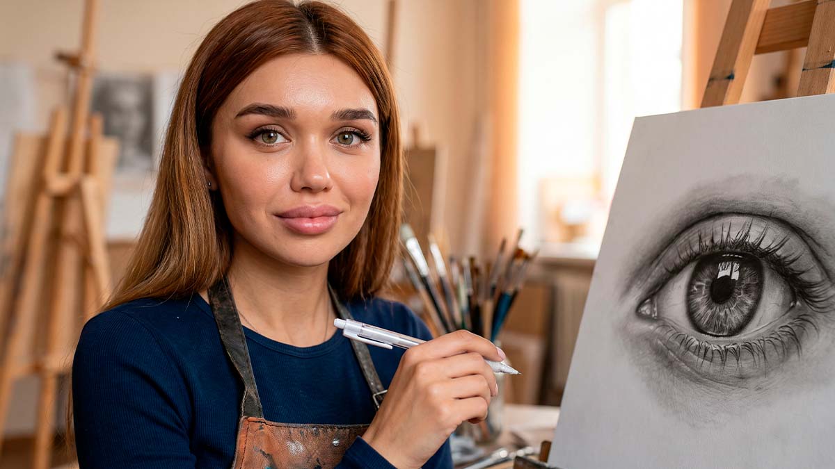 Зайферт злата как нарисовать глаза 3 этапа 1 Зайферт Злата крупный план в синей закрытой кофте и фартуке с белой ручкой в руке на фоне готового реалистичного рисунка глаза.